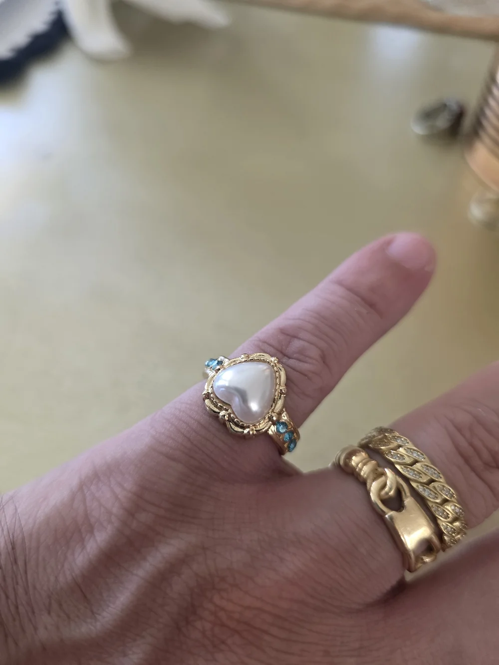 Gold White Pearl Teardrop Ring with Blue Accent  Stones